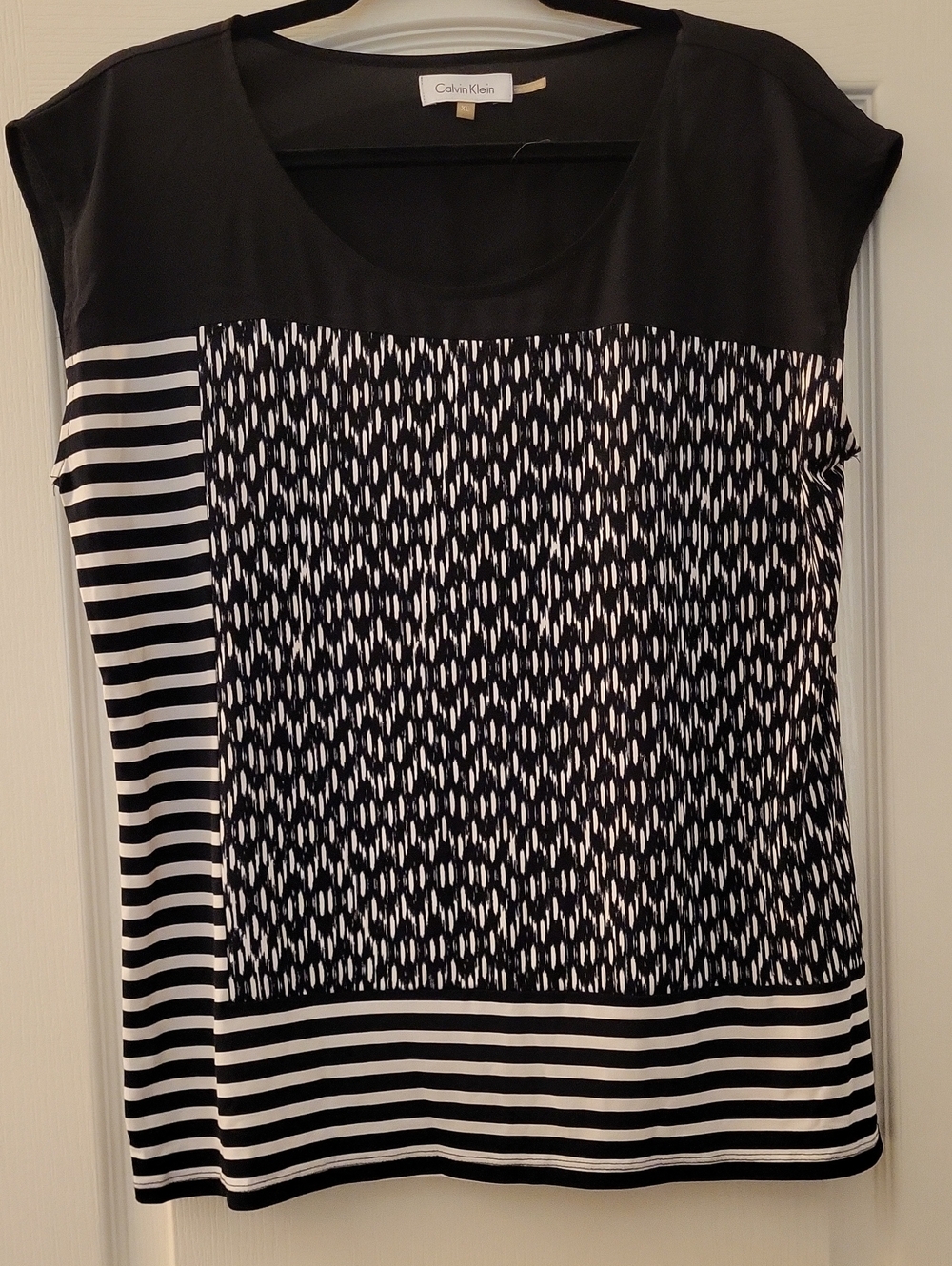 Calvin Klein Black and White Mixed-Pattern Cap Sleeve Top